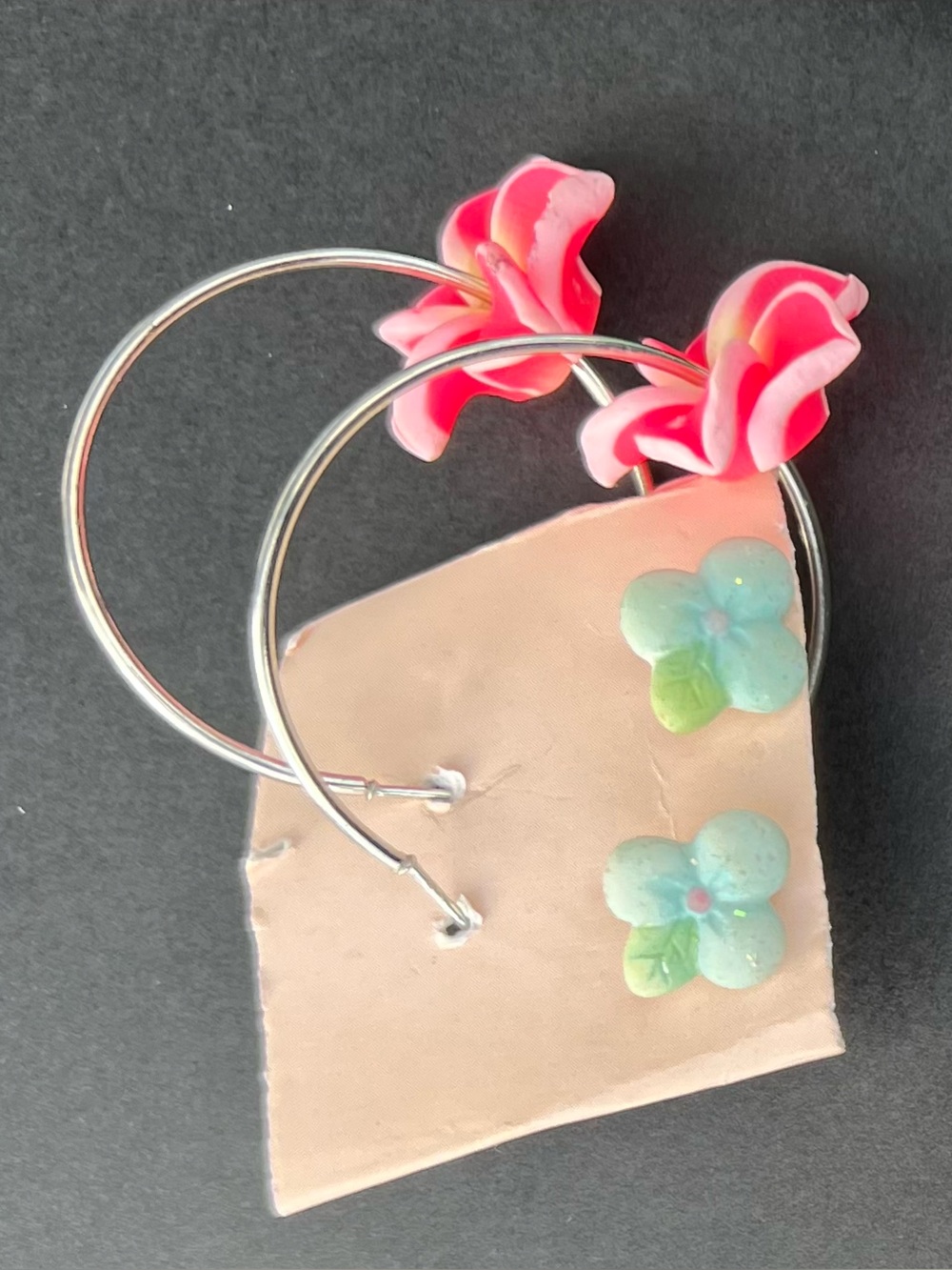 Pink Floral Hoop Earrings with Silver-Tone Hoops